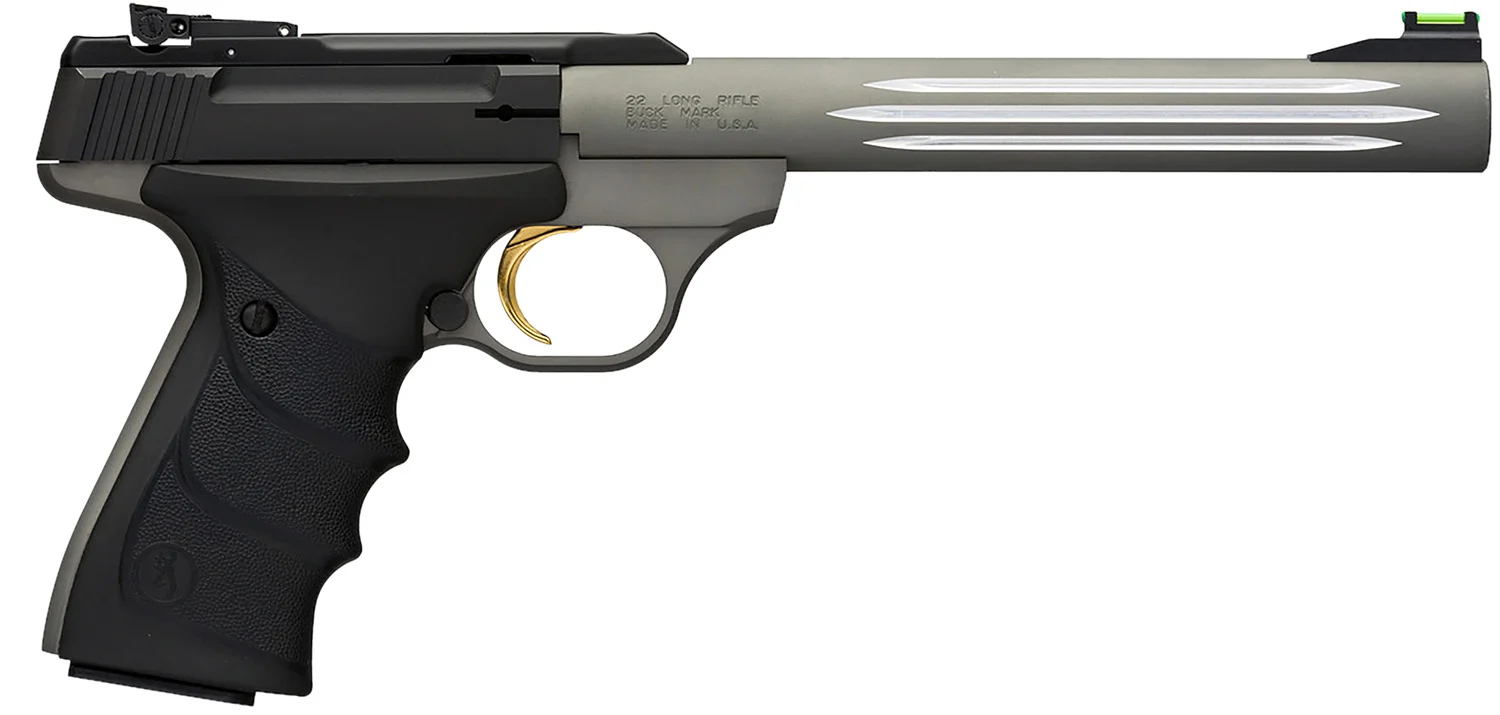 Browning 051462490 Buck Mark Lite *CA Compliant 22 LR 10+1 7.25" Matte Gray Fluted Barrel, Matte Black Serrated Steel Slide, Matte Gray Aluminum Frame, Black Ultragrip RX Grips